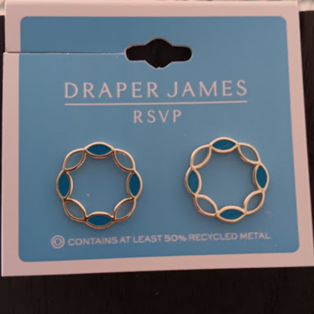 DRAPER JAMES Mod/Contemporary Gold Blue Enamel Open Circle Stud Earrings**NEW! - Picture 1 of 2